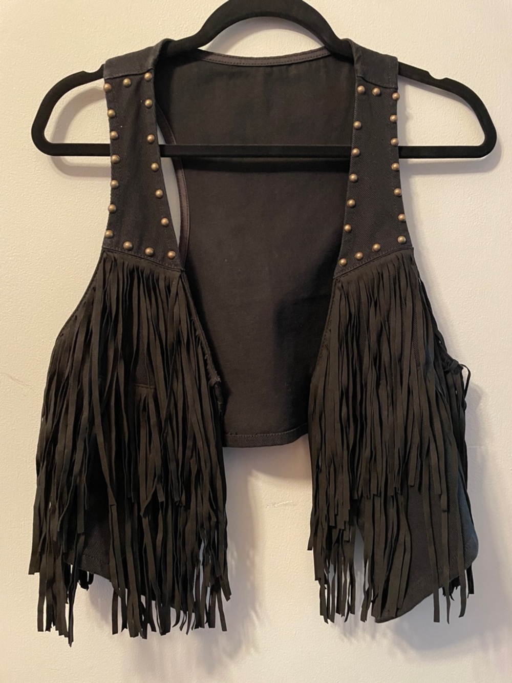 Boho Hippie Western Black Fringe Tassels Studded Open-Front Vest